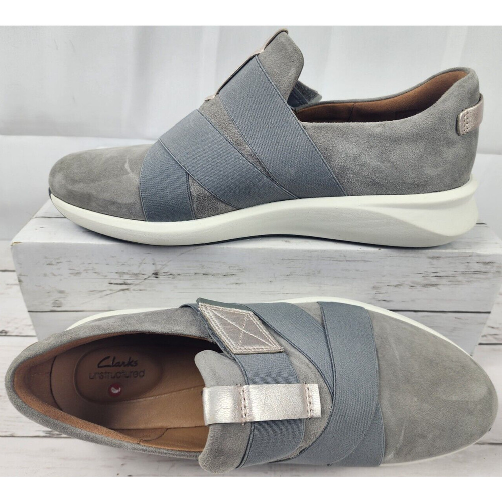 Clarks Unstructured Gray/Blue Hook & Loop Slip On… - image 1